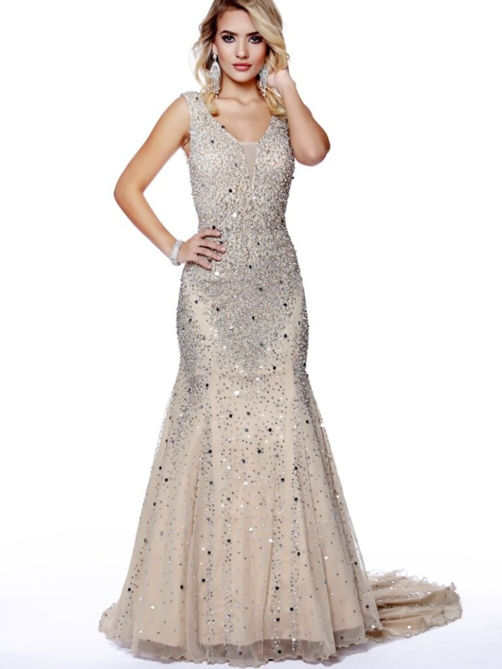 Size 10 Shail K. 12243 Nude Beaded Sequin Mermaid Gown NWT